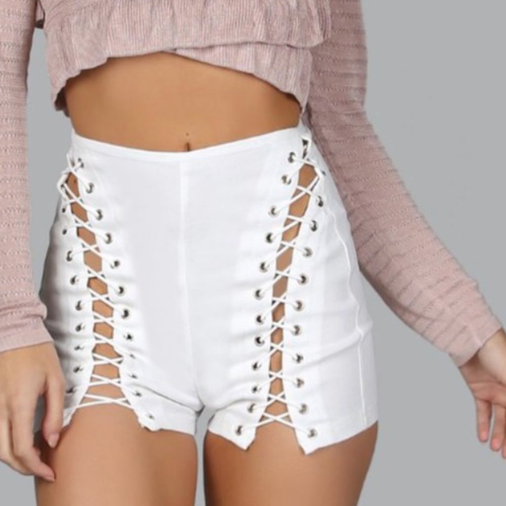 White Denim Lace Up Mini Shorts - XS / S